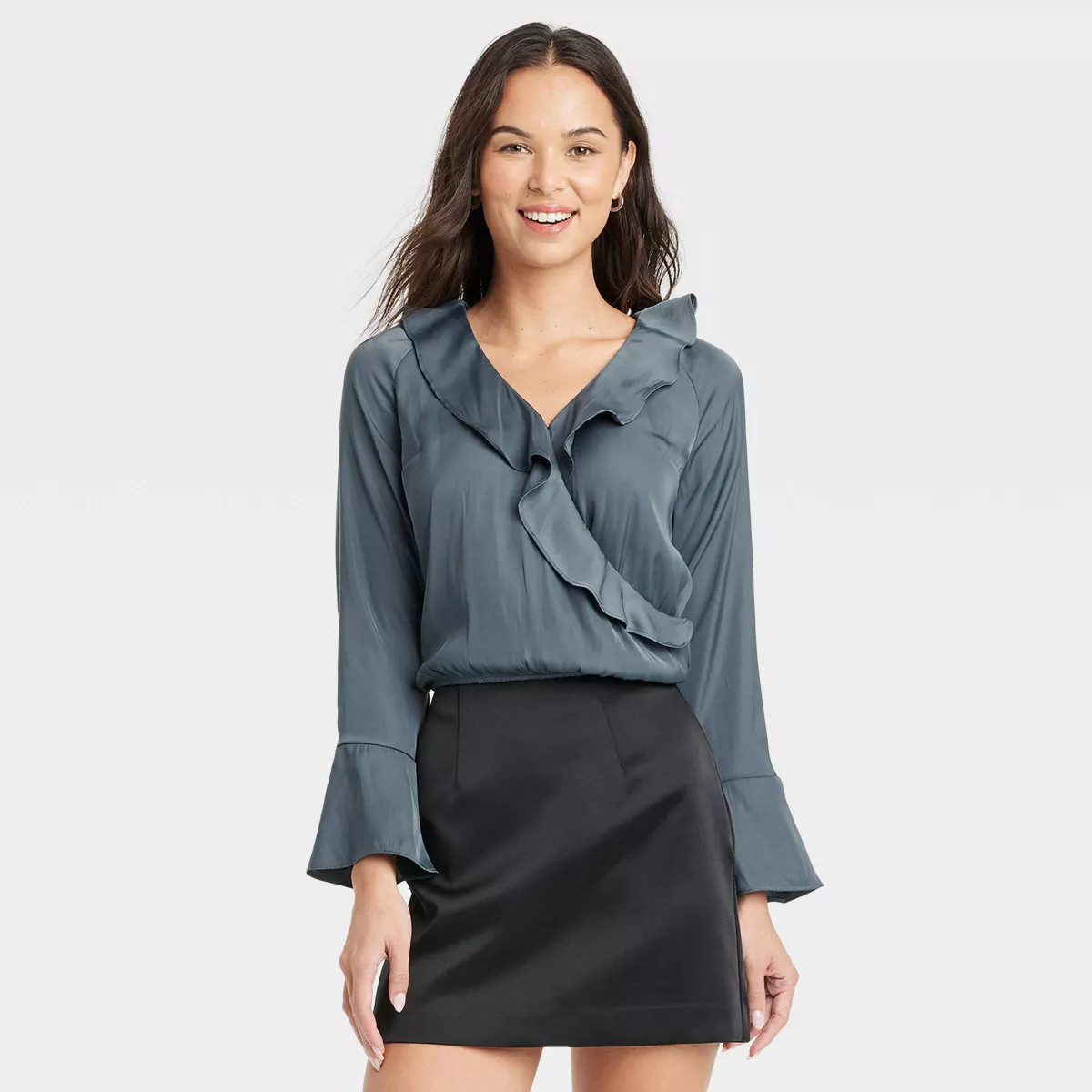 Women's Flounce Long Sleeve V-Neck Ruffle Wrap Blouse - A New Day™ Teal M | Target