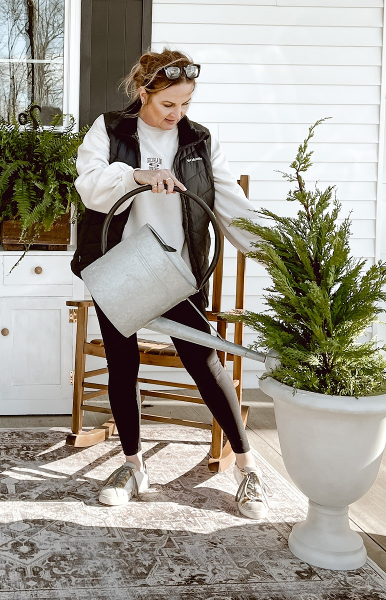 Here is a throw-back front porch look with these large planters, washable area rug, and large watering can.  

 #LTKSeasonal #LTKHome