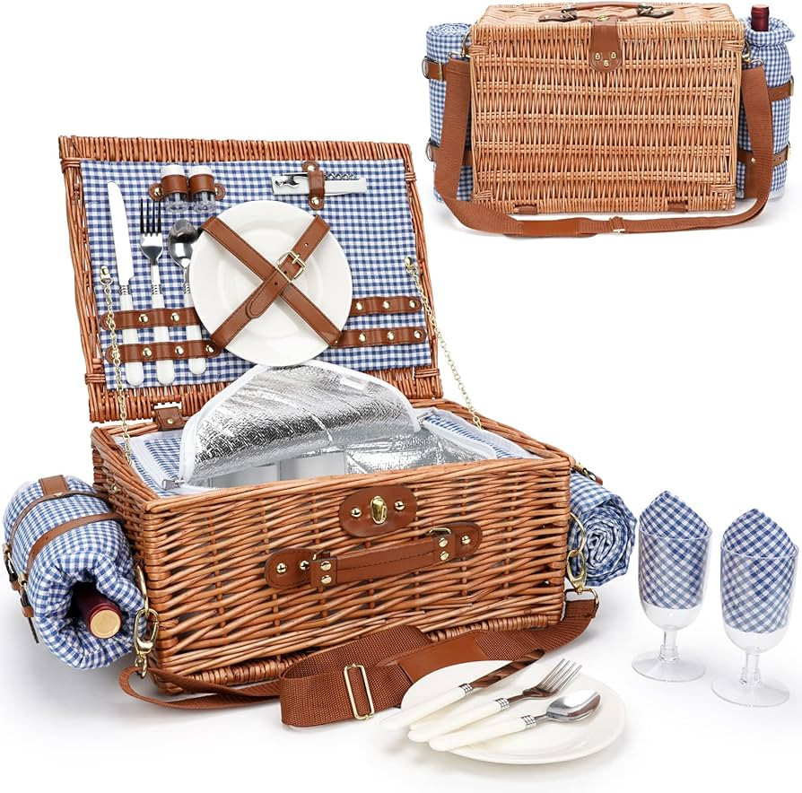 Picnic Baskets for 2, Picnic Basket with Waterproof Blanket, Picnic Basket Set with Washable Beac... | Amazon (US)