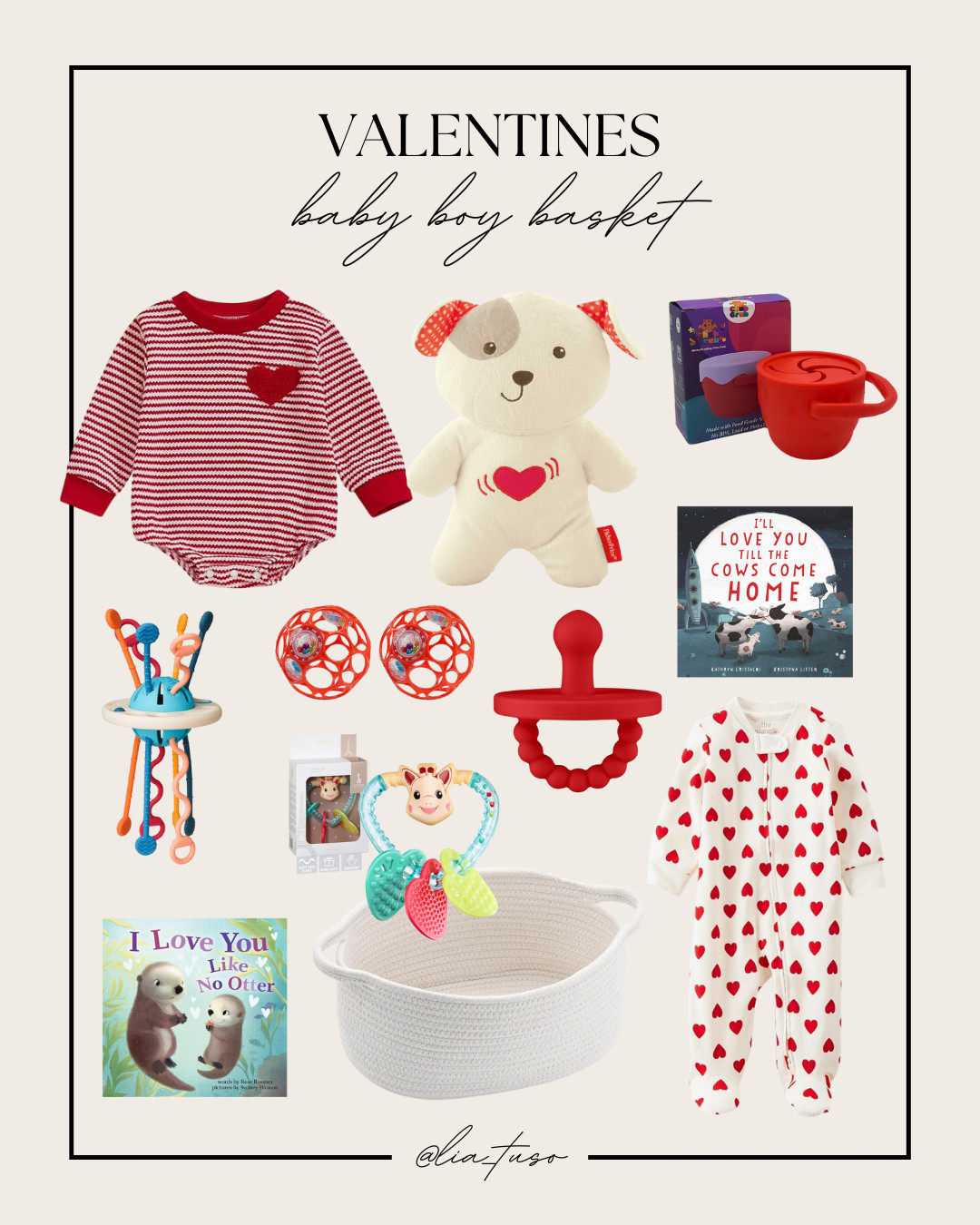 Valentines Baby Boy Basket | Valentine's Day Baby Sweatshirt Romper, LiKee Montessori Toys for Baby, I'll Love You Till the Cows Come Home Board Book, Bright Starts Oball Easy-Grasp, Ryan & Rose Cutie PAT Pacifier Teether, Strawberry Snack Cups For Toddlers, Cute Woven Storage Basket with Handle, little planet by carter's, Fisher-Price Baby Toy Calming Vibrations, Sophie la Girafe, I Love You Like No Otter

#ValentinesGiftIdeas #ValentinesBasket #ValentinesBabyBoyBasket 

 #LTKGiftGuide #LTKSeasonal #LTKBaby