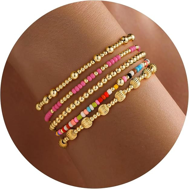 Turandoss Gold Beaded Bracelets Set for Women Girls Christmas Gifts - Dainty 14K Gold Plated Turq... | Amazon (US)