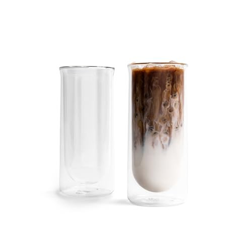 FLUR Iced Coffee Glasses (Set of 2) Perfect for Iced Coffee, Cold Brew & Lattes – Double-Walled Borosilicate Glass – For Hot & Cold Drinks – Lightweight & Easy to Clean – 15.5oz (Clear) | Amazon (US)