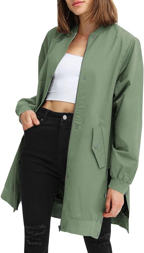 Fisoew Womens Bomber Jacket Casual Long Sleeve Coat Zip Up Windbreaker with Pockets | Amazon (US)