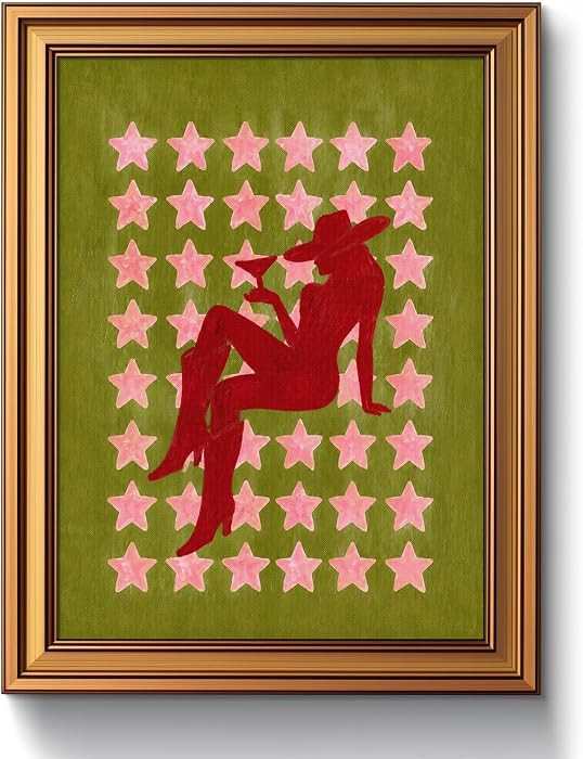 Western Red Cowgirl Star Cocktail Decor Vintage Gold Framed Wall Art | Amazon (US)