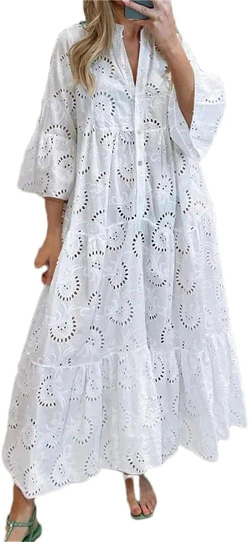 Women V-Neck Flare Sleeve Long Dresses Spring Casual Solid Hollow Out Large Swing Dress | Amazon (US)