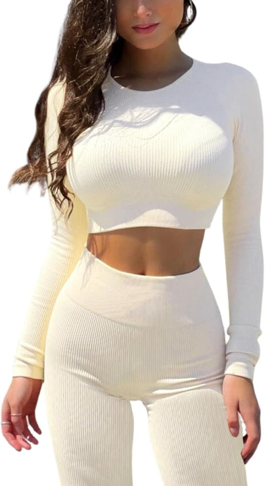 QINSEN Seamless Workout Outfits for Women 2 Piece Ribbed Long Sleeve Crop Top Tummy Control Leggi... | Amazon (US)