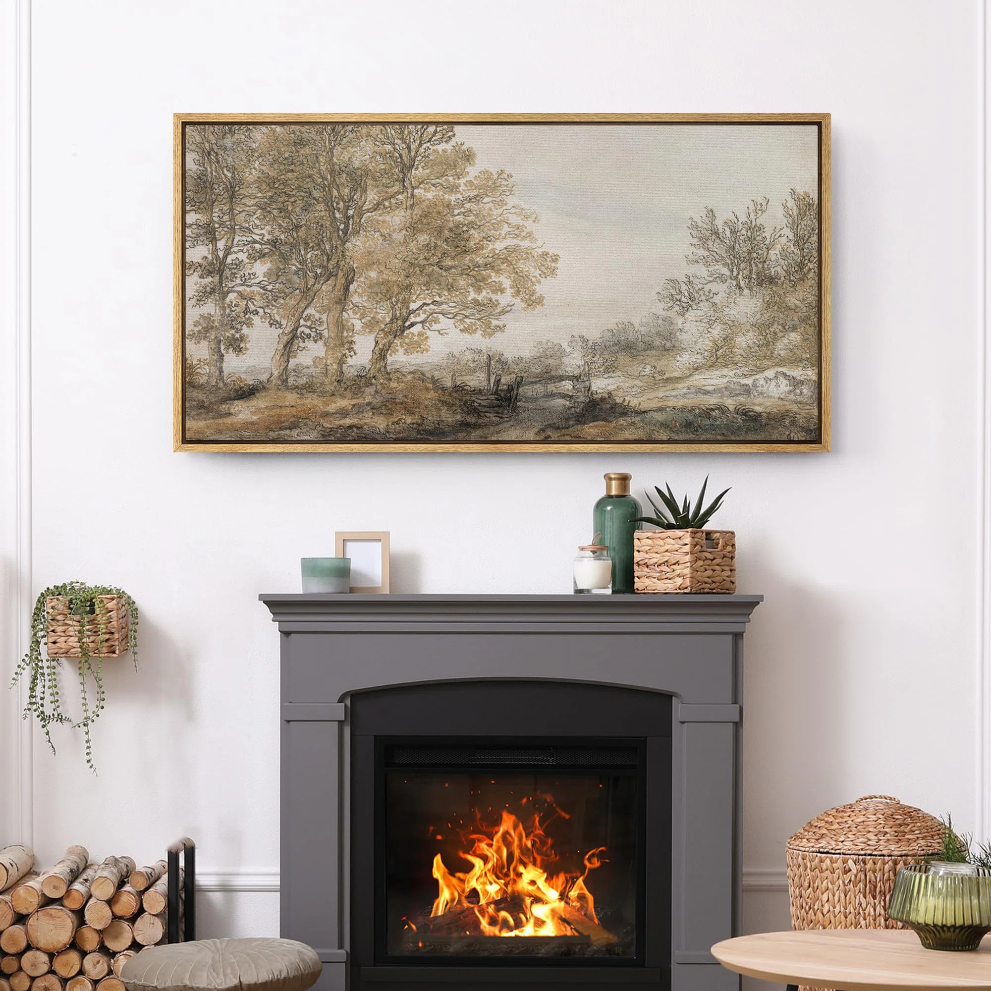 IDEA4WALL Rustic Countryside Classical Forest Sketch Vintage Style Tree Framed On Canvas Print & ... | Wayfair North America