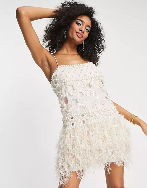 ASOS EDITION pearl embellished cami mini dress with feather dress in soft pink | ASOS (Global)