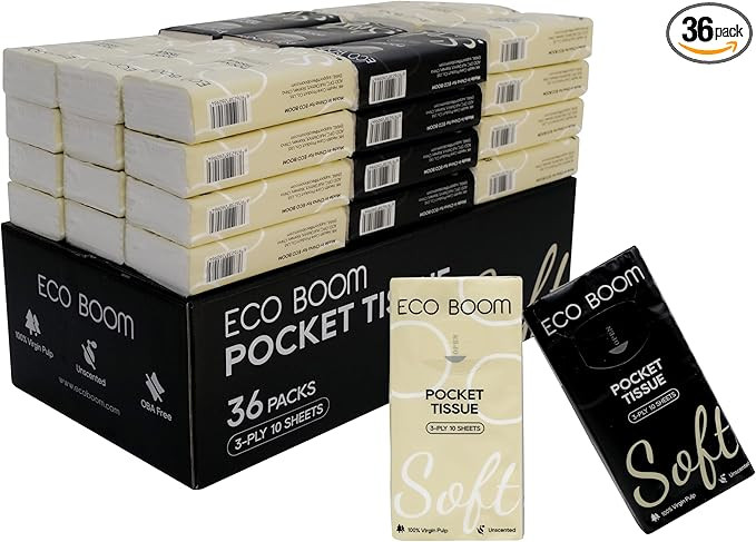 ECO BOOM Soft Pocket Tissues, Travel Size, 3-Ply, Hypoallergenic, 36 Packs, Eco-Friendly Facial T... | Amazon (US)