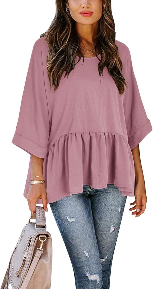 OUGES Women's Loose Peplum Ruffle Hem Short/Half Sleeve Tops Summer Casual Shirt | Amazon (US)
