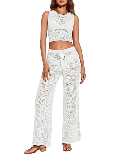 Saodimallsu Womens 2 Piece Crochet Swimsuit Cover Up Sleeveless Crop Top Drawstring Long Pants Set Beach Outfits White | Amazon (US)