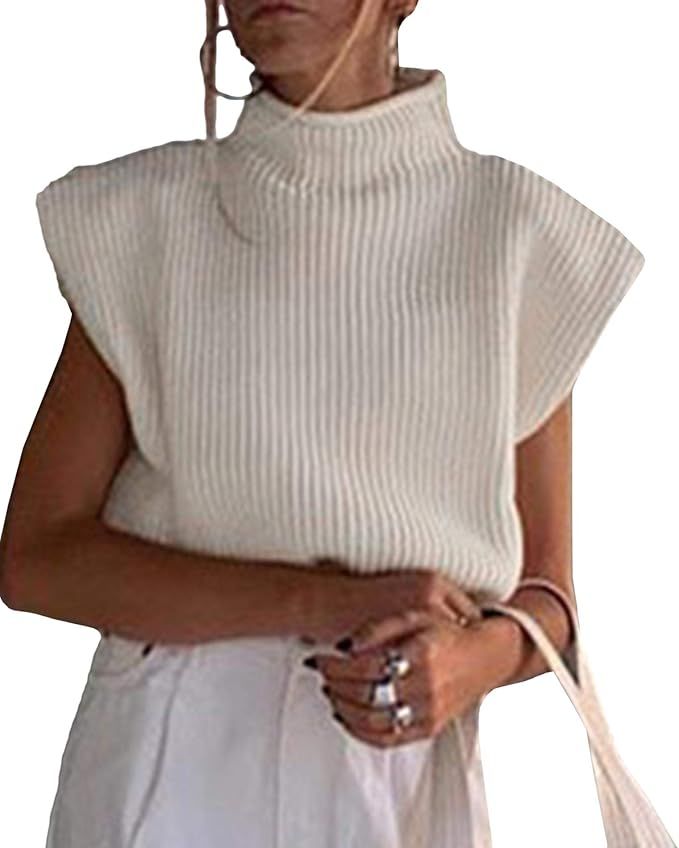 xxxiticat Women's Shoulder Pad Sweater Sleeveless Turtleneck Wide Shoulder Knitted Sweater Vest C... | Amazon (US)