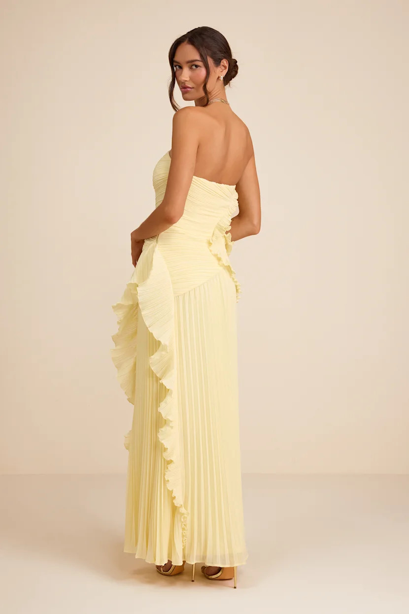 Brylee Light Yellow Pleated Ruffled Maxi Dress | Lulus