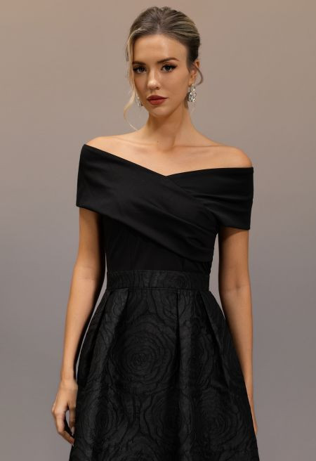 Cross Off-Shoulder Rose Embossed Jacquard Dress in Black for Gala Dinners & Wedding Guest Looks | Chicwish