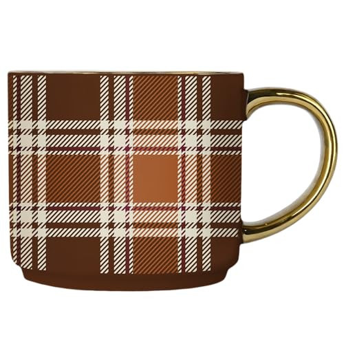 Sweet Water Decor Brown Plaid Mug with Gold Handle, 14oz Fine Bone China Coffee Cup for Tea, Latte, or Hot Cider, Cozy Fall Drinkware, Housewarming & Hostess Gift for Autumn and Thanksgiving | Amazon (US)