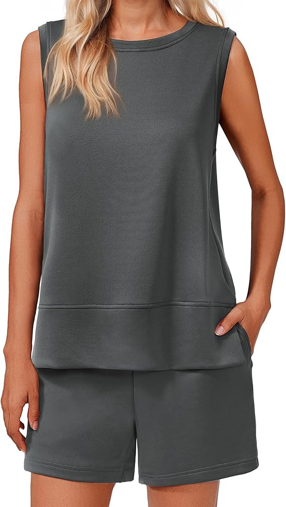 PINSPARK Two Piece Sets for Women Summer Sleeveless Lounge Set Crewneck Tops Sweatsuit Drawstring... | Amazon (US)