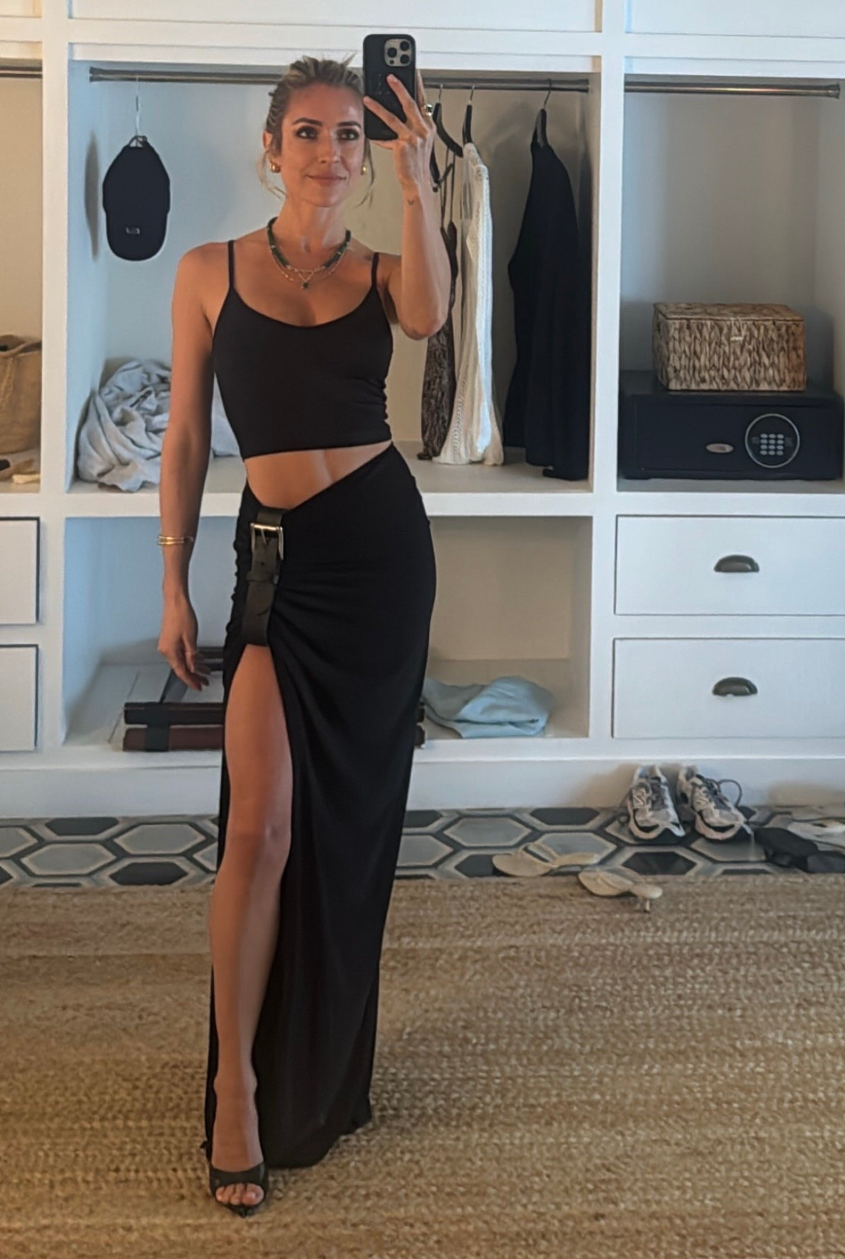 Kristin Cavalleri's floor length gathered belt skirt ￼