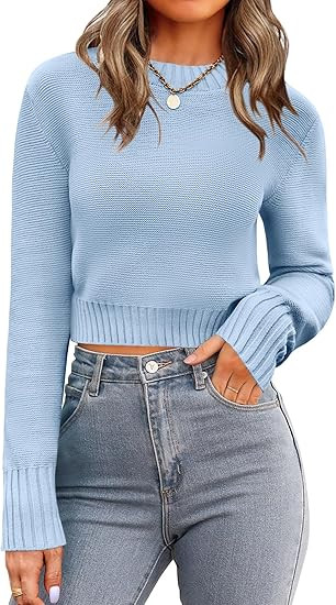 Zeagoo Women's 2026 Fall Crewneck Cropped Sweater Trendy Long Sleeve Ribbed Knit Pullover Jumper ... | Amazon (US)
