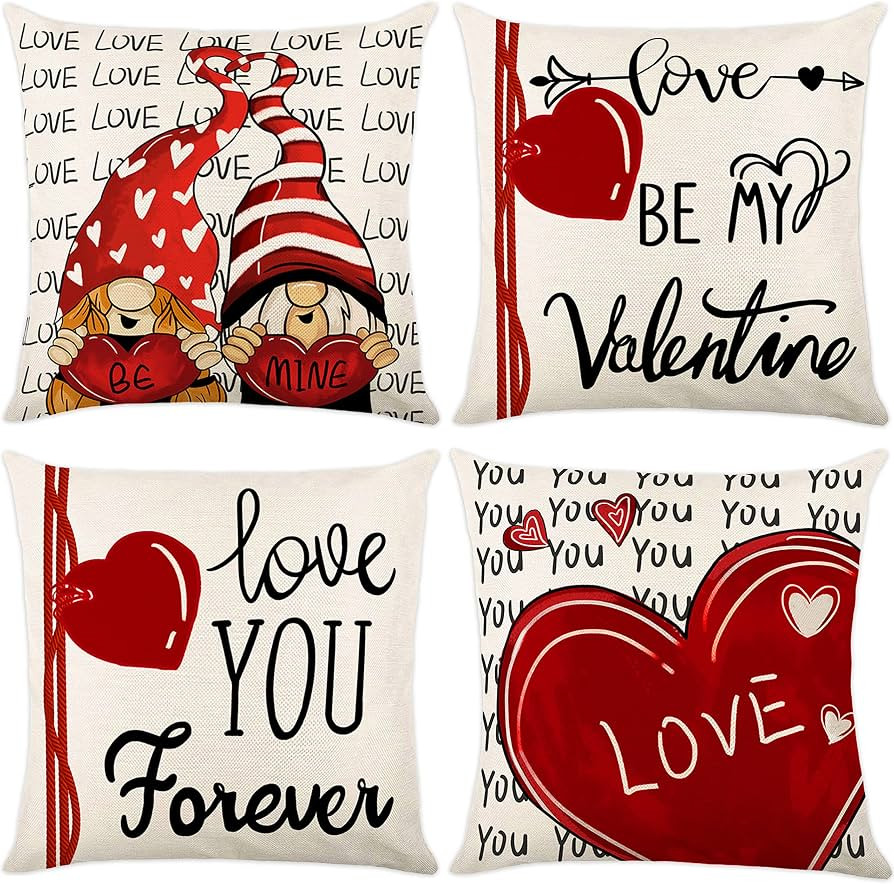 Flyart Valentines Day Pillow Covers 18x18 Set of 4, Valentines Day Decor Gnome Red Heart Love Wor... | Amazon (US)