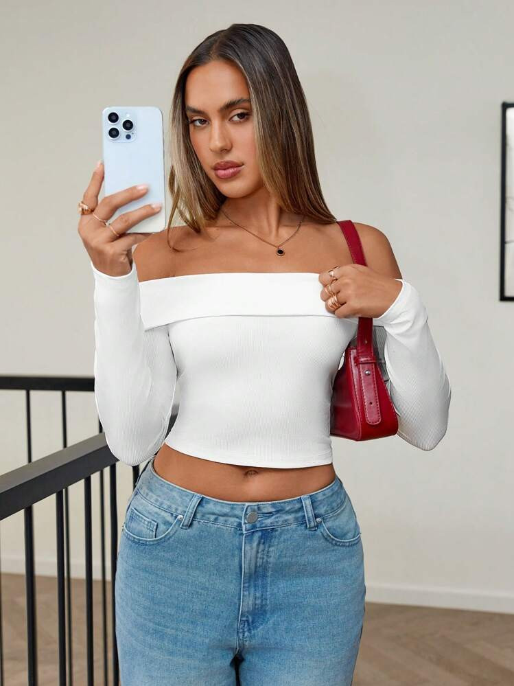 Siren Gaze Off Shoulder Foldover Off Shoulder Crop Tee | SHEIN