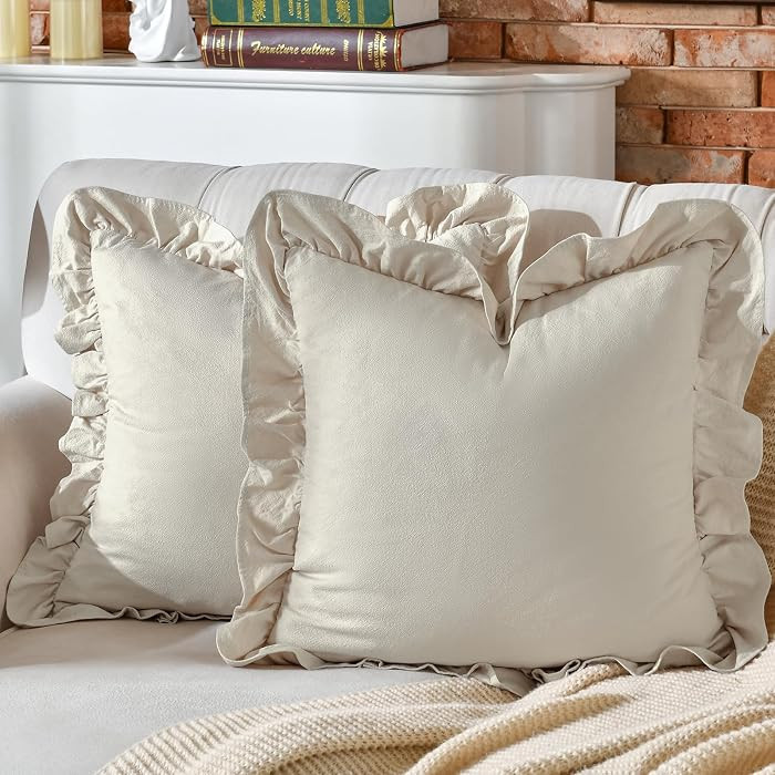 AmHoo Pack of 2 Throw Pillow Covers 100% Cotton Ruffle, 24 x 24-Inch, Beige | Amazon (US)