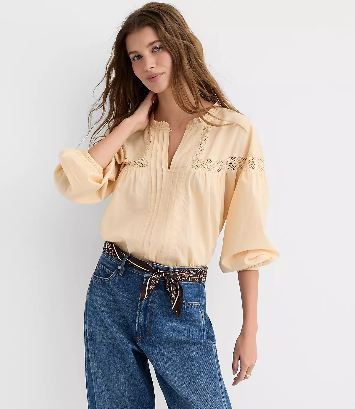 Lace Trim Pintucked Ruffle Collar Blouse | LOFT