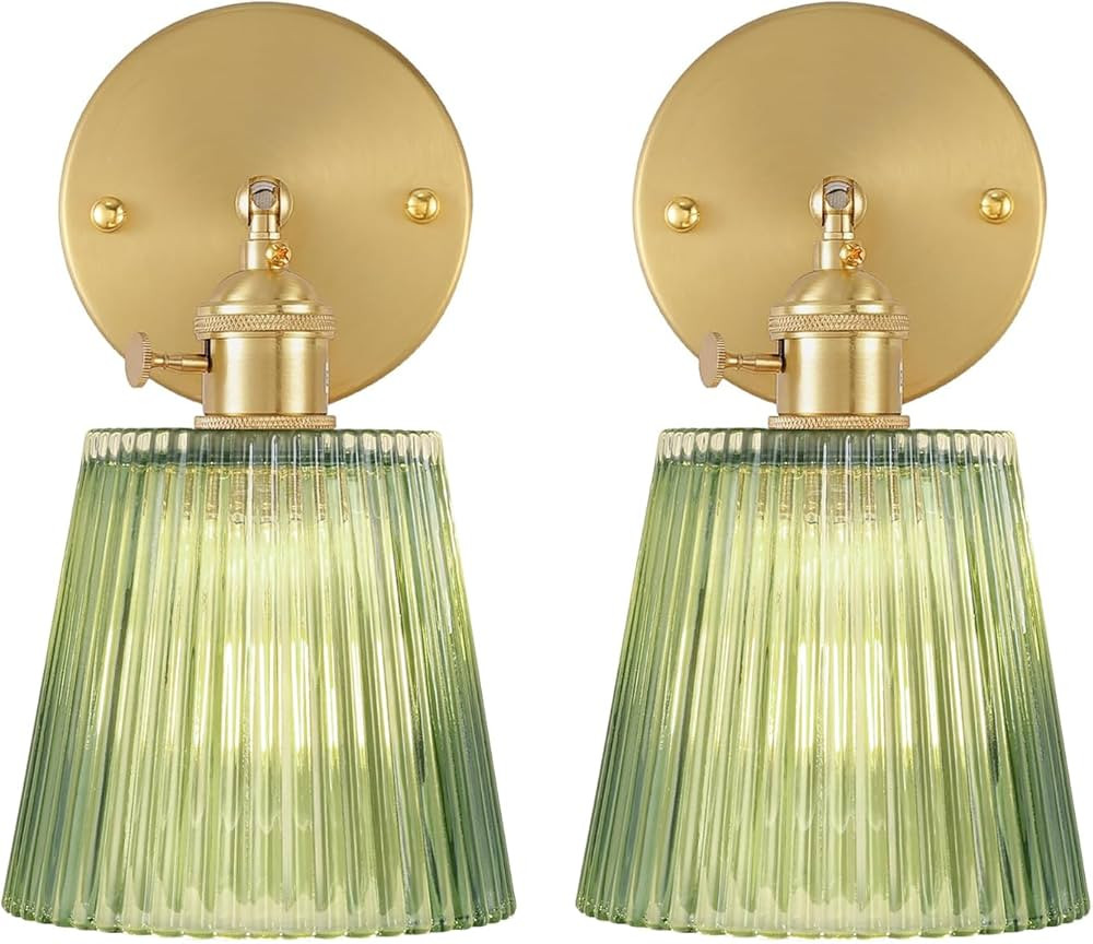 Vintage Wall Sconces Set of 2 with Green Stripe Glass Lampshade 180 Degree Adjustable Brass Sconc... | Amazon (US)