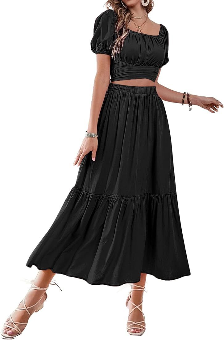 LYANER Women's 2 Pcs Outfits Wrap Tie Short Sleeve Crop Top Ruffle Maxi Skirt Set | Amazon (US)