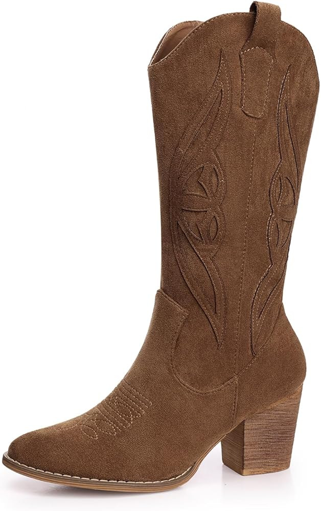 SHIBEVER Cowboy Boots for Women Mid: Black Wide Calf Cowgirl Boots Western Embroidered Country Hi... | Amazon (US)