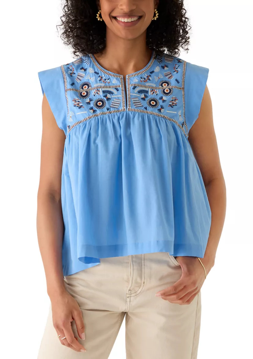 Women's Cap Sleeve Embroidered Yoke Top | Belk