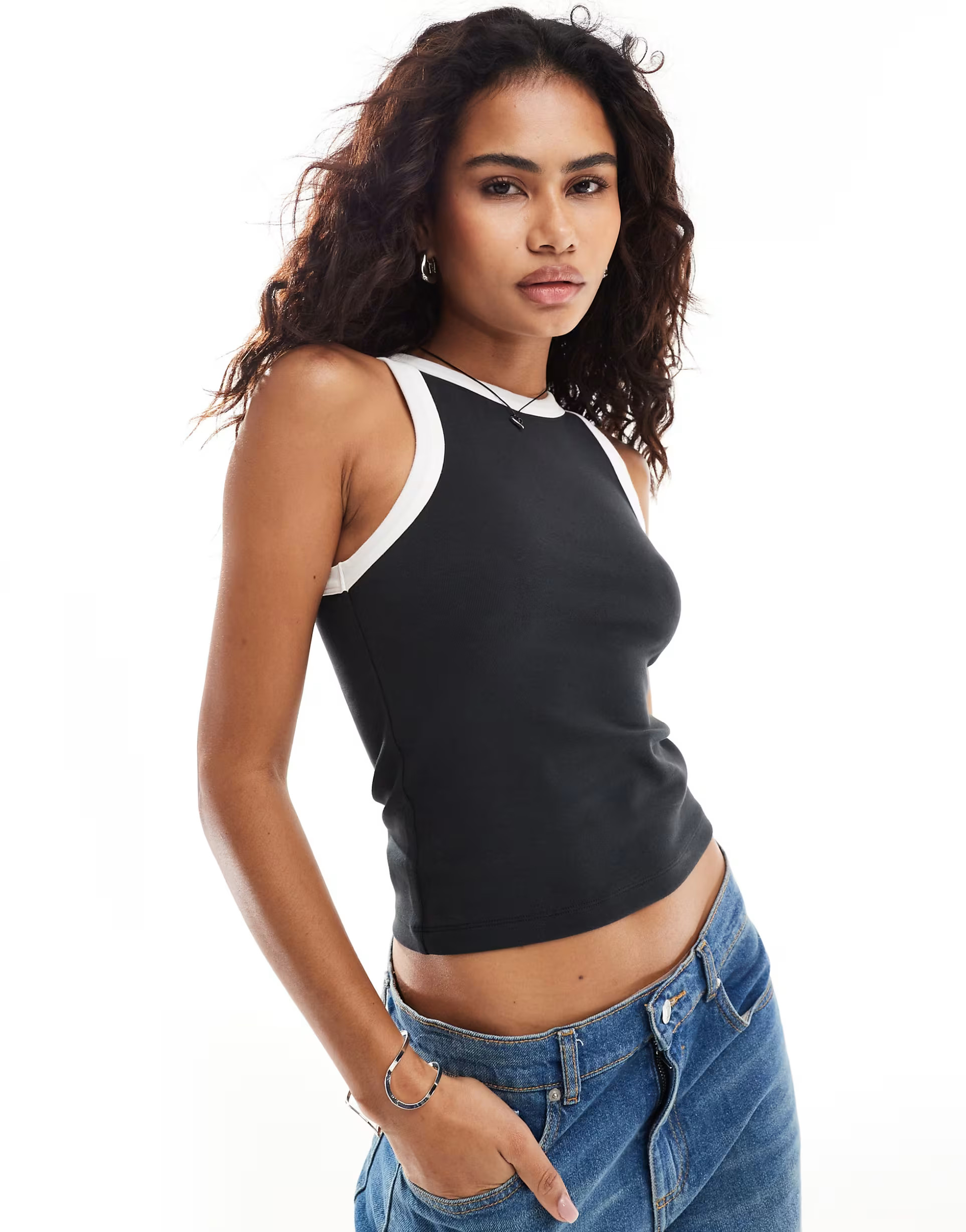Dr Denim Bey slim fit tank top with contrast trim in off black | ASOS (Global)