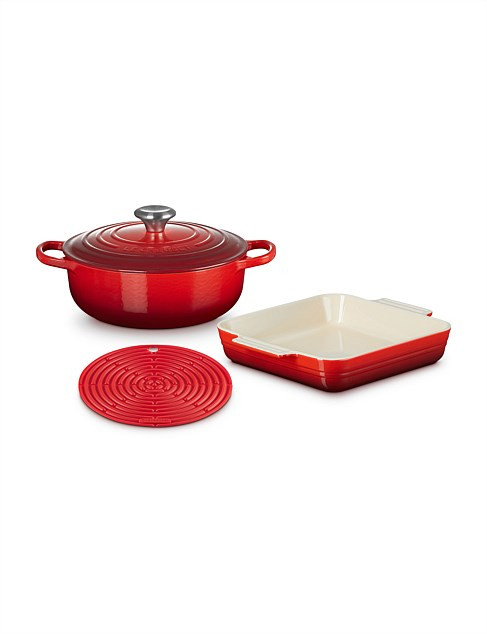 Le Creuset 3pce Cast Iron & Stoneware Set Cerise | David Jones | David Jones (Australia & New Zealand)