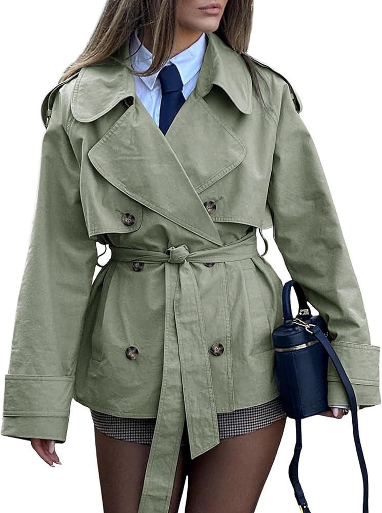 Lingswallow Cropped Trench Coat for Women Double Breasted Lapel Short Jacket Crop Coats with Belt | Amazon (US)