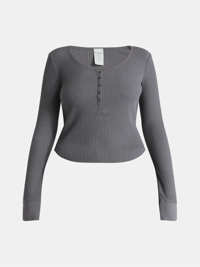 No Boundaries Scoop Neck Shirttail Henley Top with Long Sleeves, Women’s | Walmart (US)