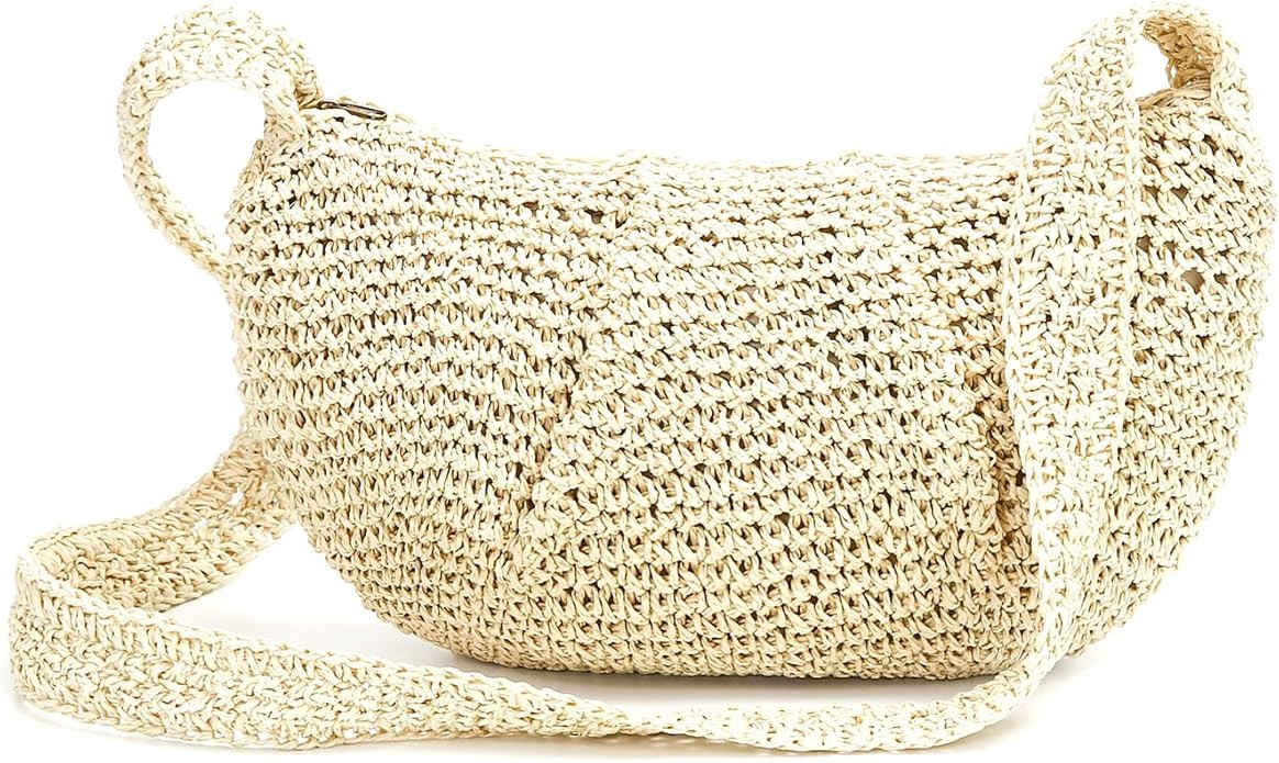 Herald Small Pleated Crescent Straw Woven Crossbody Bag for Women, Ruched Handmade Summer Beach S... | Amazon (US)
