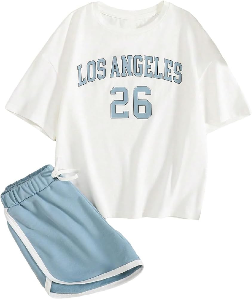 Floerns Girl's 2 Piece Outfits Graphic Print Drop Shoulder Tee & Contrast Binding Track Shorts Cl... | Amazon (US)