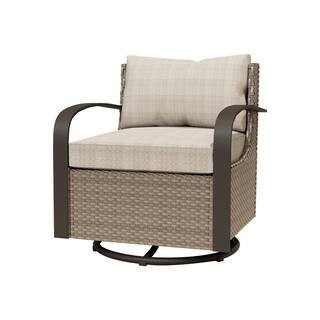 Wicker Outdoor Patio Swivel Lounge Chair with Beige Cushions | The Home Depot