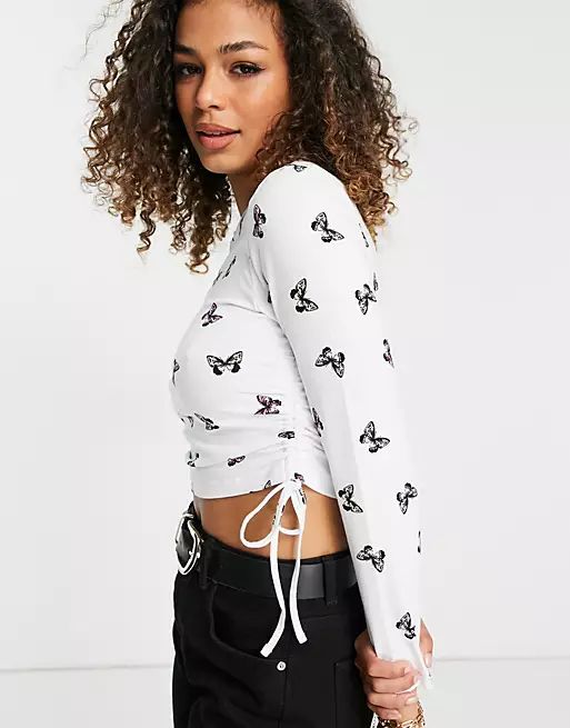ASOS DESIGN ruched side top in micro photographic butterfly | ASOS (Global)