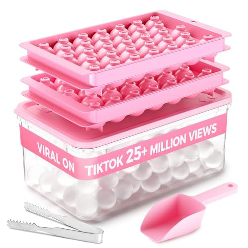 ICEDIVER Ice Cube Tray, Round Ice Trays for Freezer with Lid and Bin, Circle Ice Mold Making 66 x 1.0IN Small Ice Balls, Sphere Ice Makers with Ice Buckets Tongs & Scoop (Pink02) | Amazon (US)