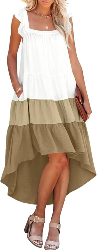 Prinbara 2022 Women's Summer Midi Dress Sleeveless Ruffle Sleeve Colorblock Solid Loose Fit Flowy Pl | Amazon (US)