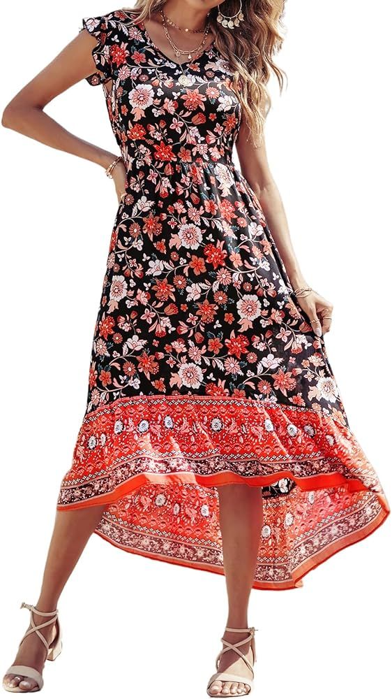 PRETTYGARDEN Women's Summer Maxi Dress Casual Floral V Neck Cap Sleeves Boho High Low Flowy Midi ... | Amazon (US)
