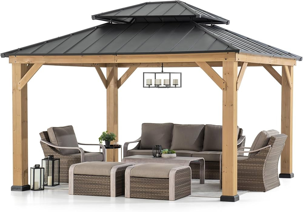 Sunjoy 11 x 13 ft. Wood Gazebo Cedar Framed Gaezbos with Black Double Steel Hardtop Roof for Gard... | Amazon (US)