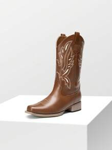 Women's Boots Mid Calf Cowgirl Boots Embroidery Stitched Square Toe Western Boots Christmas Black... | SHEIN