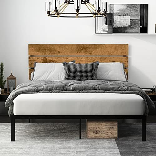 Einfach Full Size Bed Frame with Rustic Wooden Headboard, High Metal Platform Bed with Heavy Duty 16 | Amazon (US)