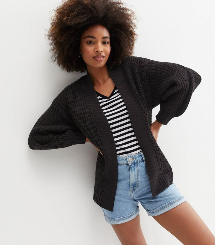 Black Knit Long Puff Sleeve Cardigan | New Look | New Look (UK)