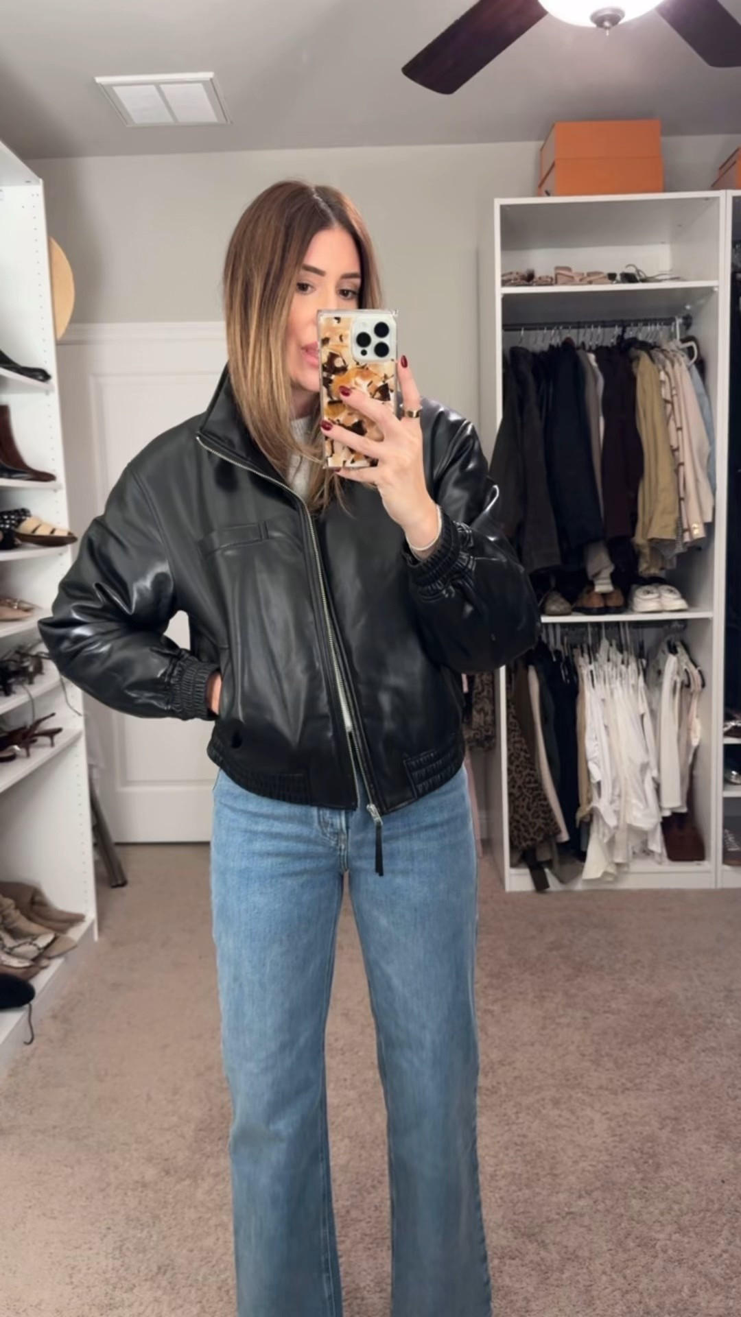 Medium in jacket
Small in sweater
Size 27 in jeans 