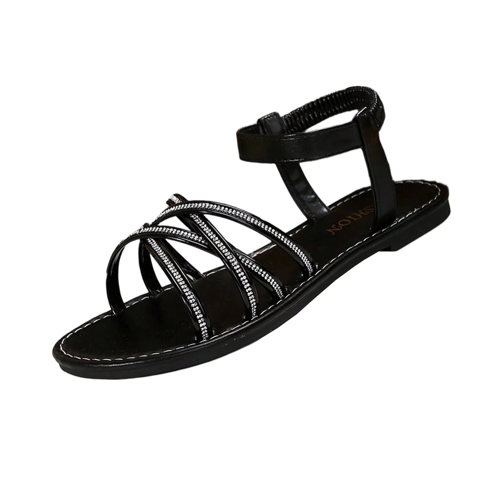 Black Womens Flat Sandals Open Toe Elastic Ankle Strap Rhinestone Embellished Straps Comfortable ... | Walmart (US)