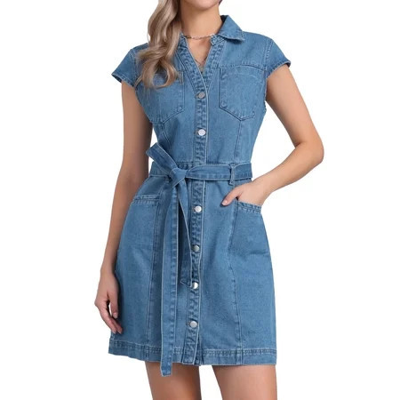 DARING DIVA Women s Cap Sleeve Belted Button Down V Neck Jean Shirt Dress L Light Blue | Walmart (US)
