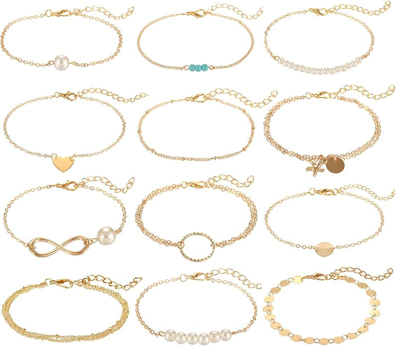 Softones 12pcs Simple Silver Gold Bracelets for Women Cute Pearl Bracelet Tiny Charm Dainty Handm... | Amazon (US)
