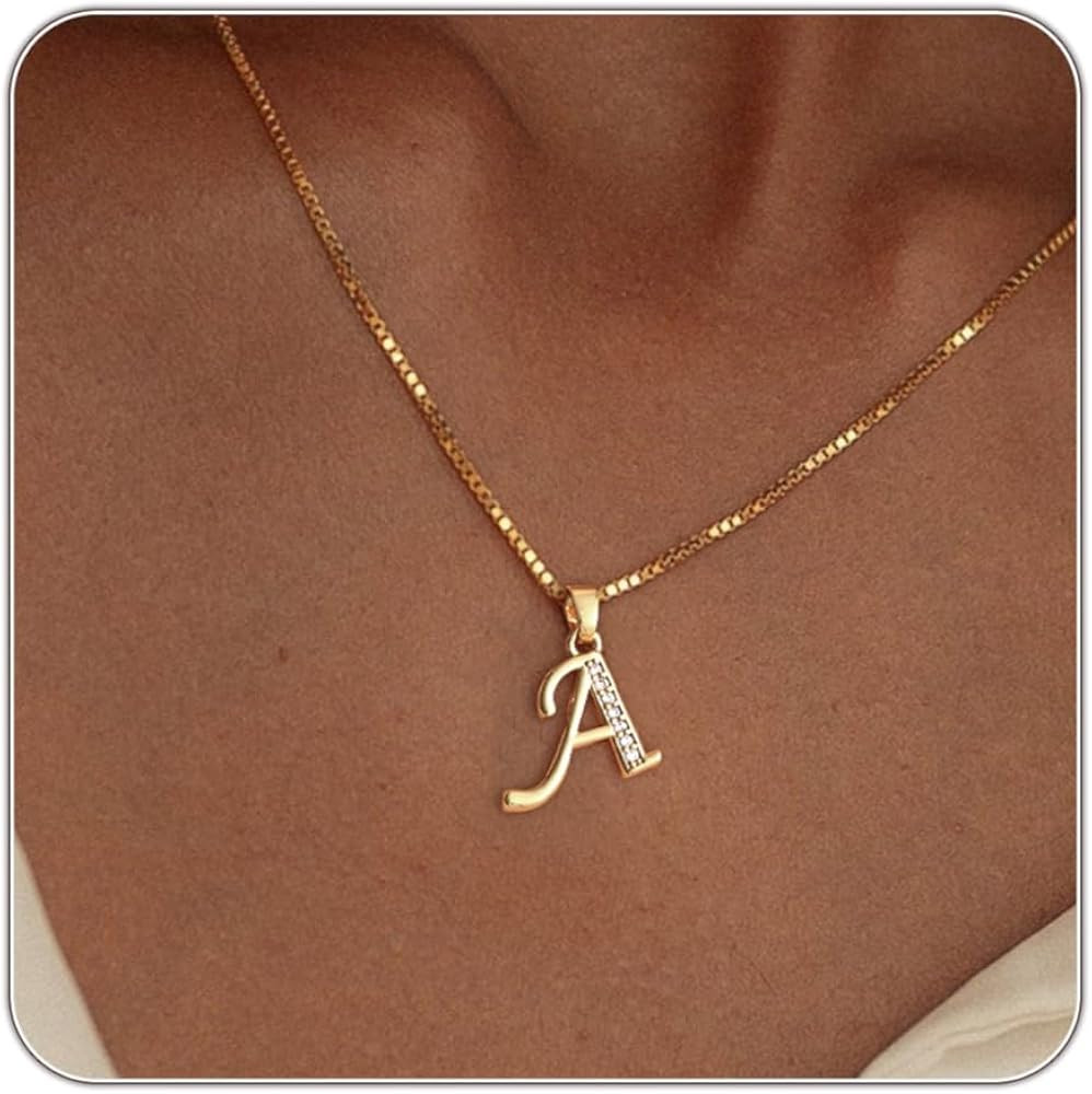 Initial Necklace for Women, 14K Gold Silver Plated Box Chain Letter Pendant, Trendy Name Necklace... | Amazon (US)